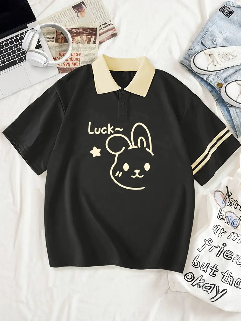 Luck Teddy Collar Oversized Printed Women's T-Shirt Black Color