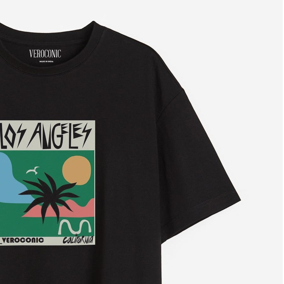 Los Angeles Beach Graphic Printed Oversized Black Cotton T-shirt