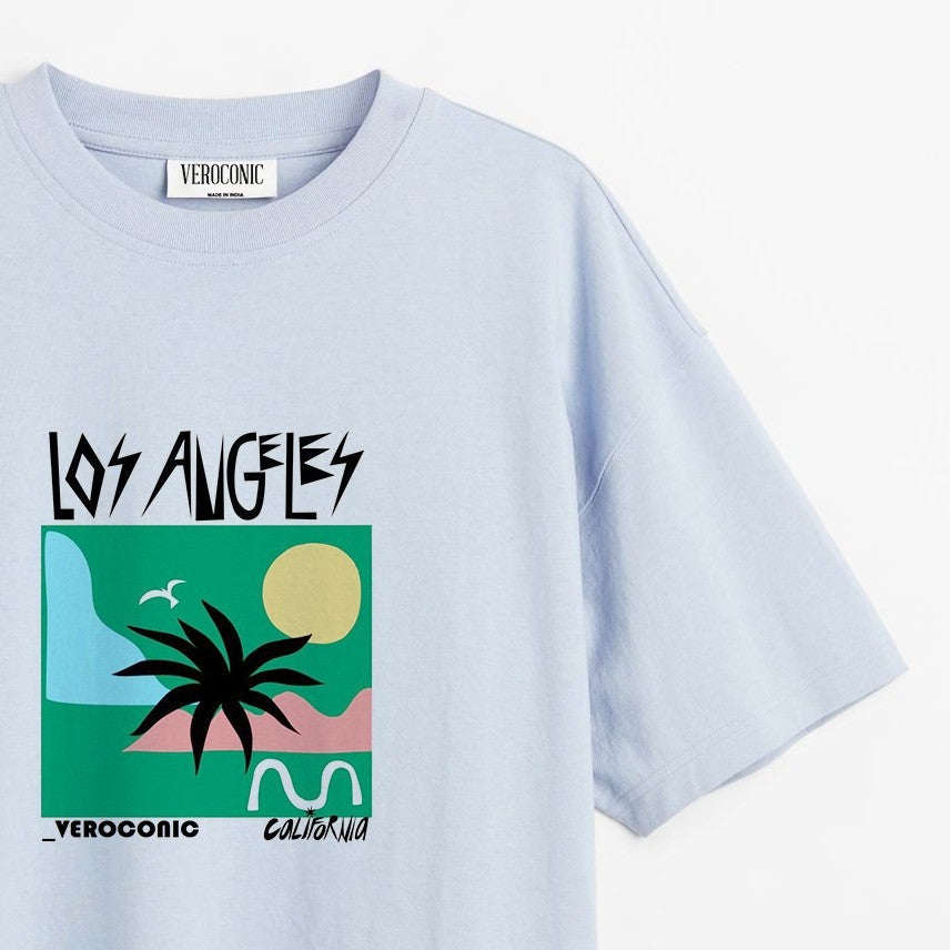 Los Angeles Beach Graphic Printed Oversized Baby Blue Cotton T-shirt