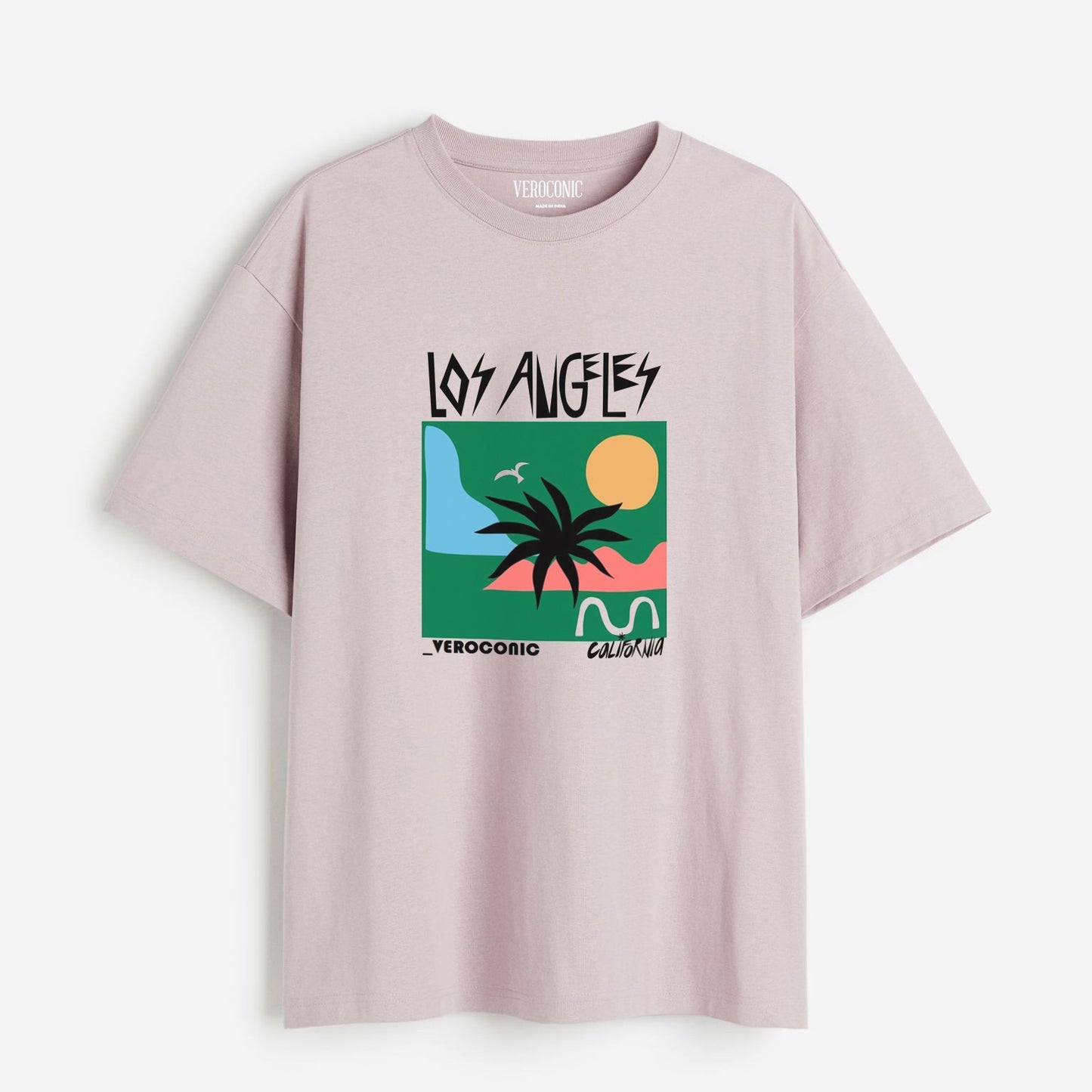 Los Angeles Beach Graphic Printed Oversized Lavender Cotton T-shirt