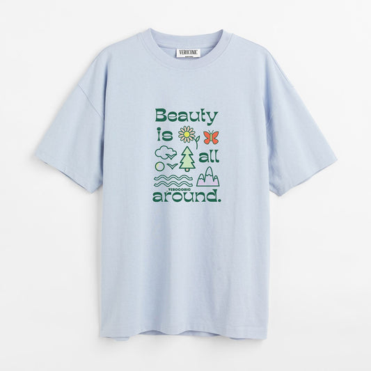 Beauty is All Around Printed Oversized Baby Blue Cotton T-shirt