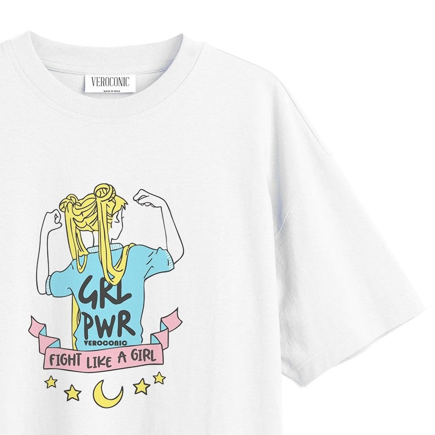 Girl Power Graphic Printed Oversized White Cotton T-shirt