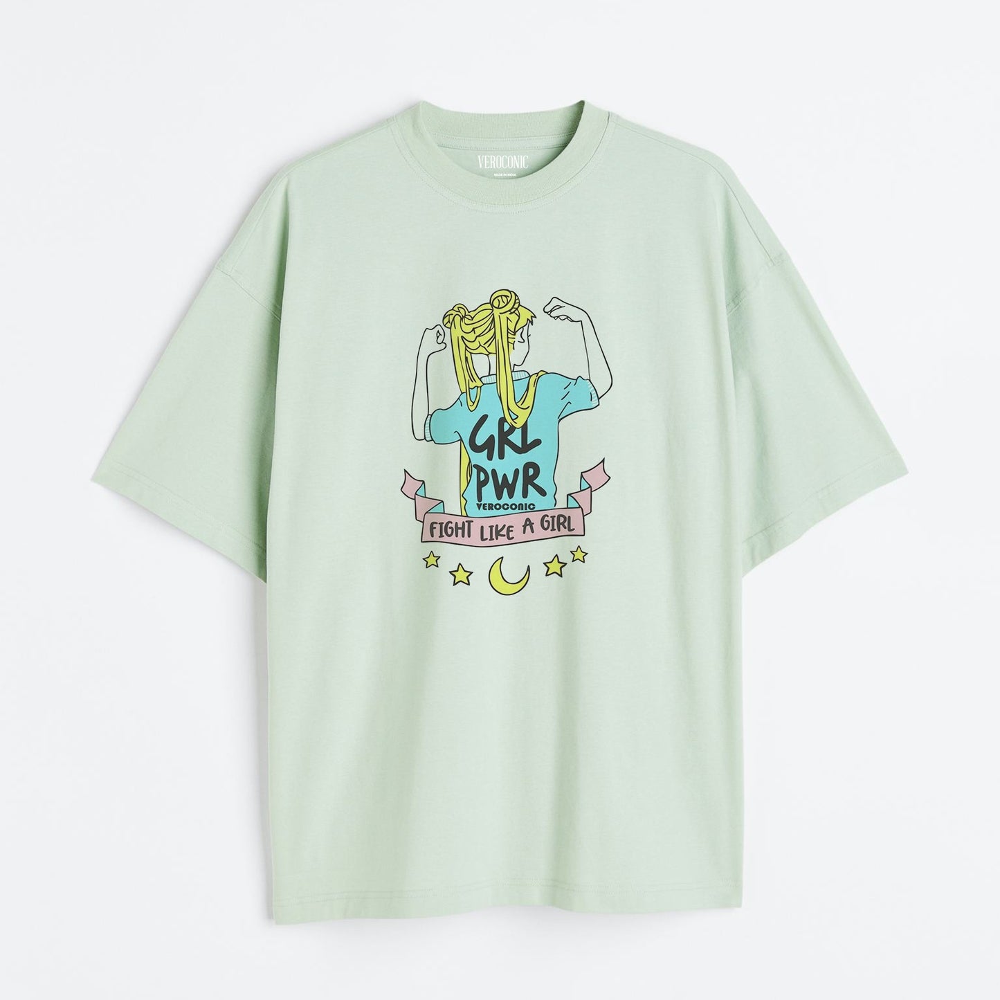 Girl Power Graphic Printed Oversized Mint Green Cotton T-shirt