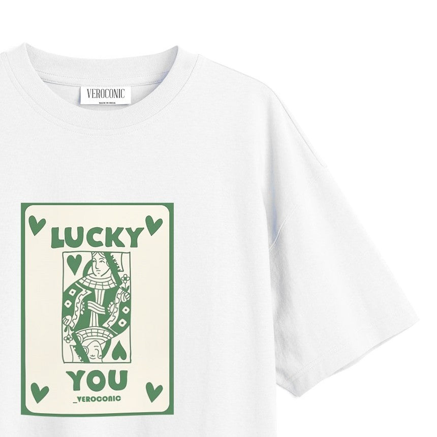 Lucky You Printed Oversized White Cotton T-shirt