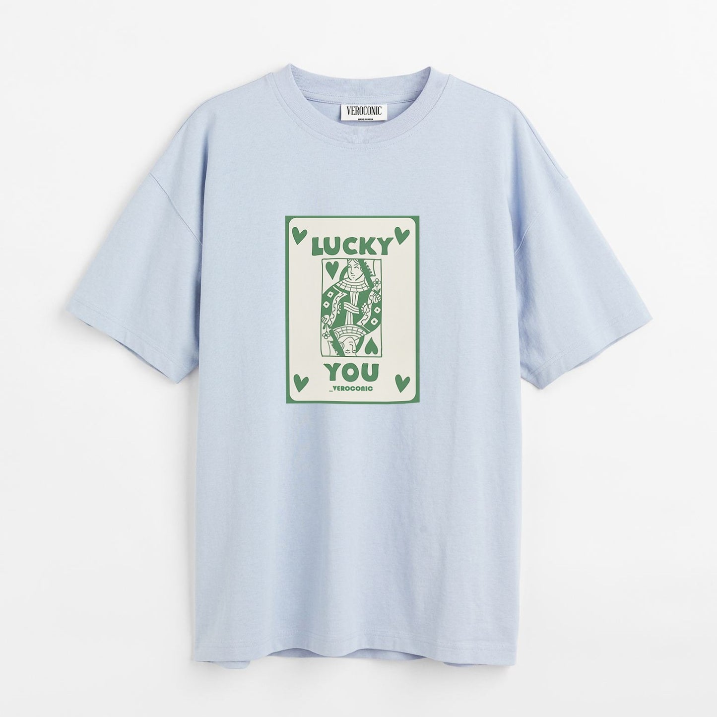 Lucky You Printed Oversized Baby Blue Cotton T-shirt