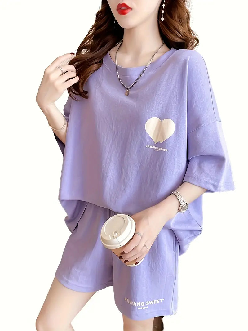 Women's Cord-set Lavender Color Relaxed fit Top & Shorts Trendy Fashion Casual Wear