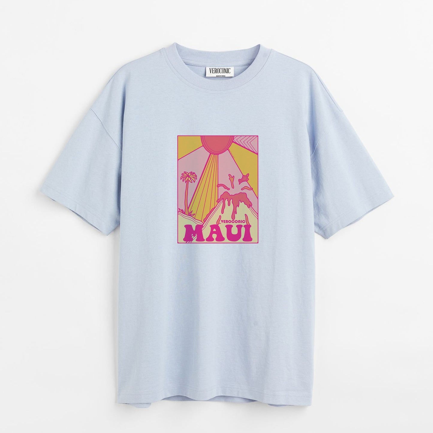 MAUI Beach Printed Oversized Baby Blue Cotton T-shirt