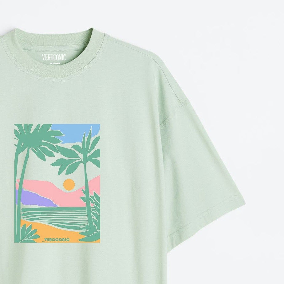 Beach Graphic Printed Oversized Mint Green Cotton T-shirt