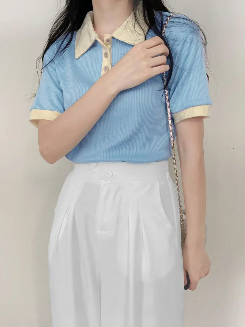 Collar Neck Plain Women's T-Shirt Baby Blue Color, Ribbed Fabric, Women's Crop Tee