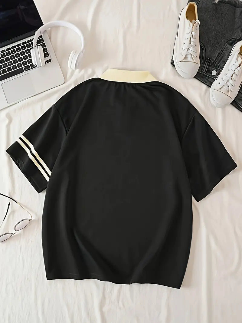 Luck Teddy Collar Oversized Printed Women's T-Shirt Black Color
