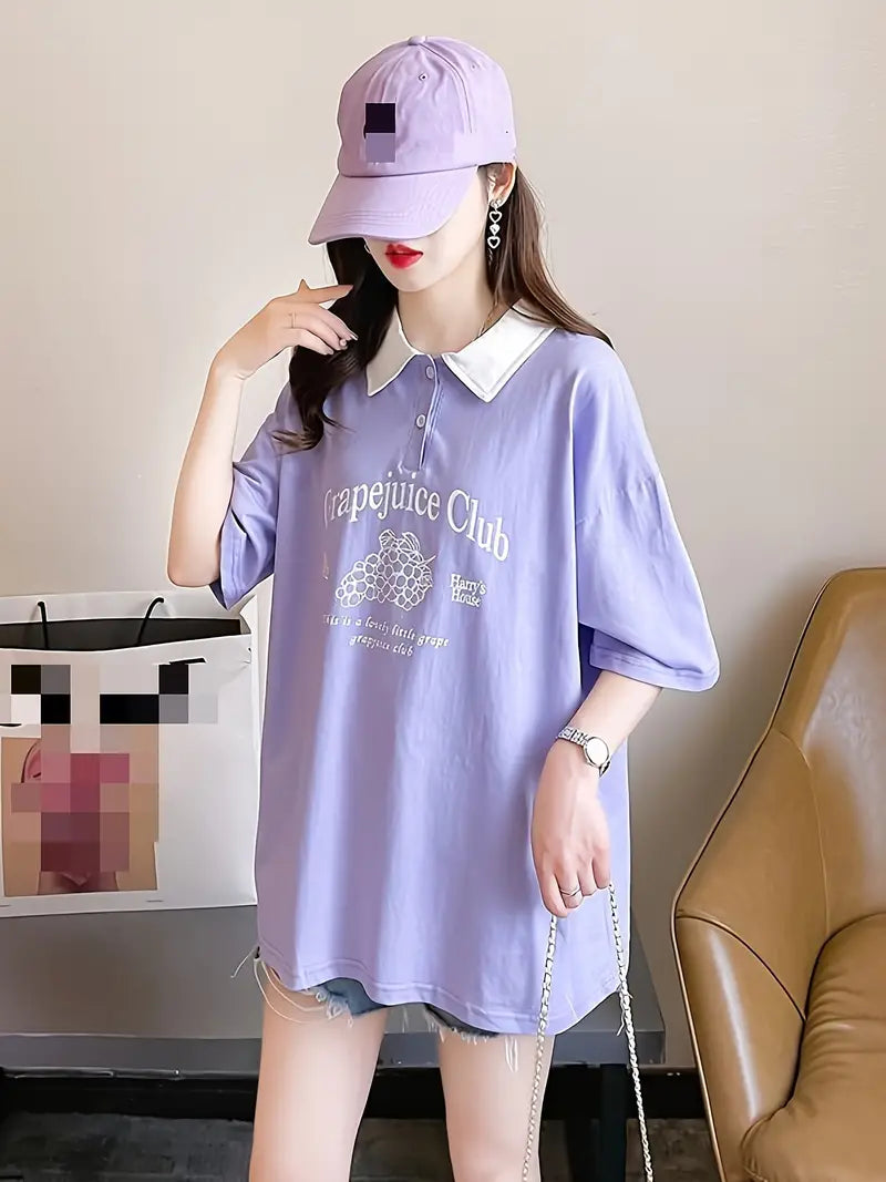 Graphic Oversized Printed Women's T-Shirt Polo Tee Lavender Color