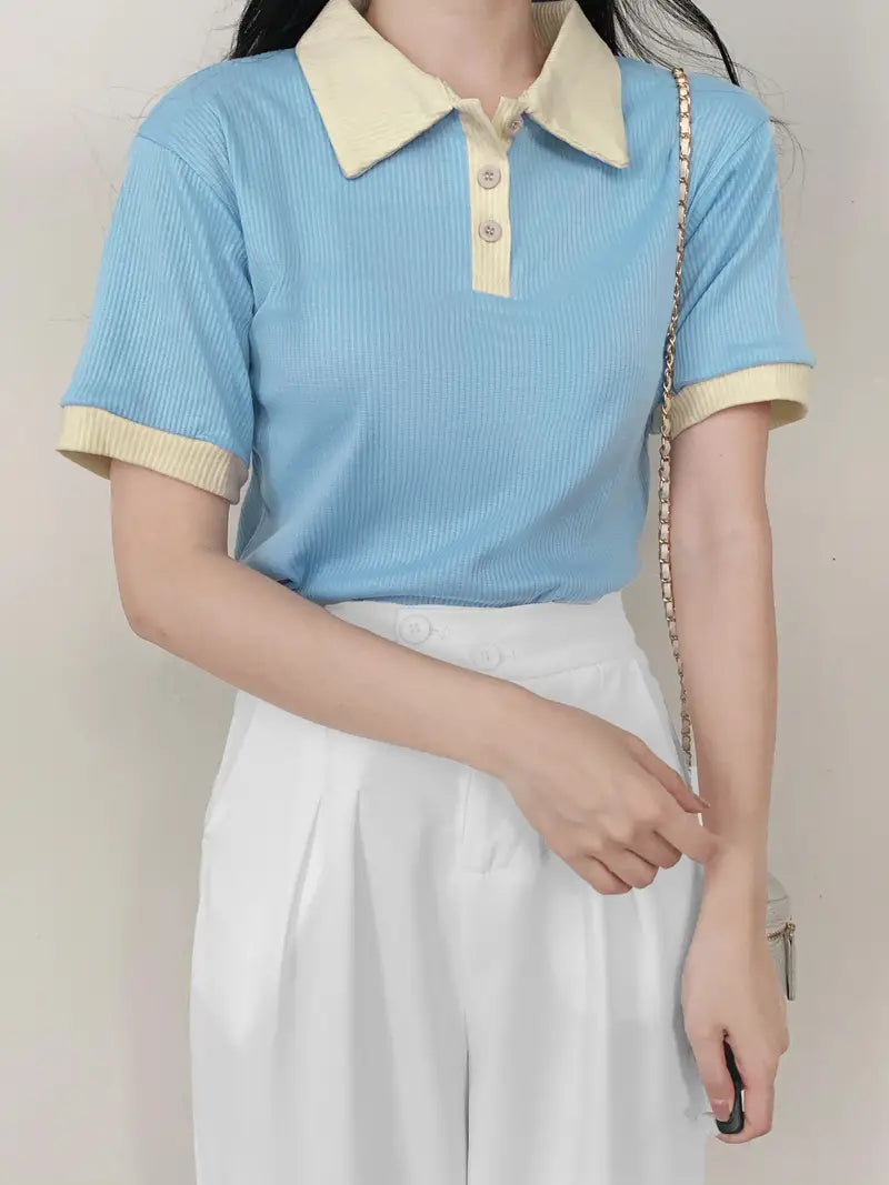 Collar Neck Plain Women's T-Shirt Baby Blue Color, Ribbed Fabric, Women's Crop Tee