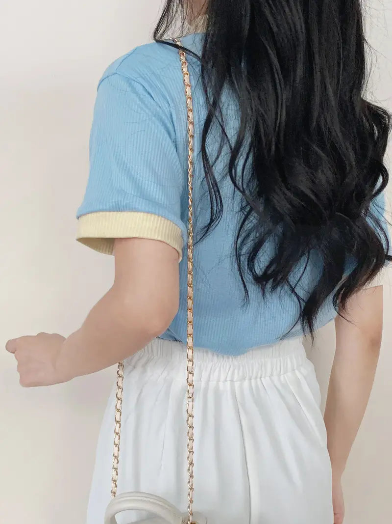 Collar Neck Plain Women's T-Shirt Baby Blue Color, Ribbed Fabric, Women's Crop Tee