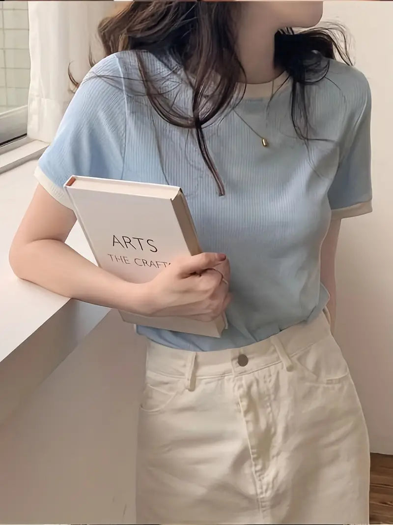 Plain Women's T-Shirt Baby Blue Color, Ribbed Fabric, Women's Crop Tee