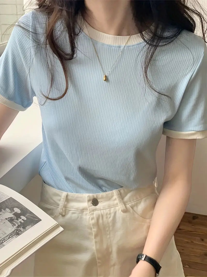 Plain Women's T-Shirt Baby Blue Color, Ribbed Fabric, Women's Crop Tee