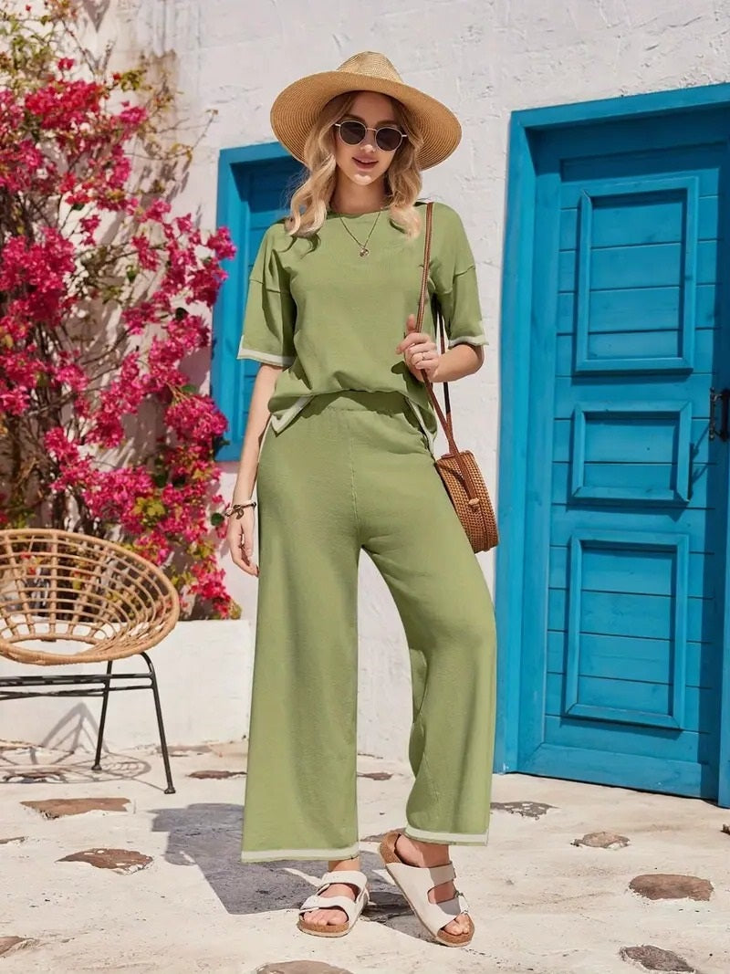 Women's Cord-set Pista Green Relaxed fit Trendy Fashion for Office and Casual Wear