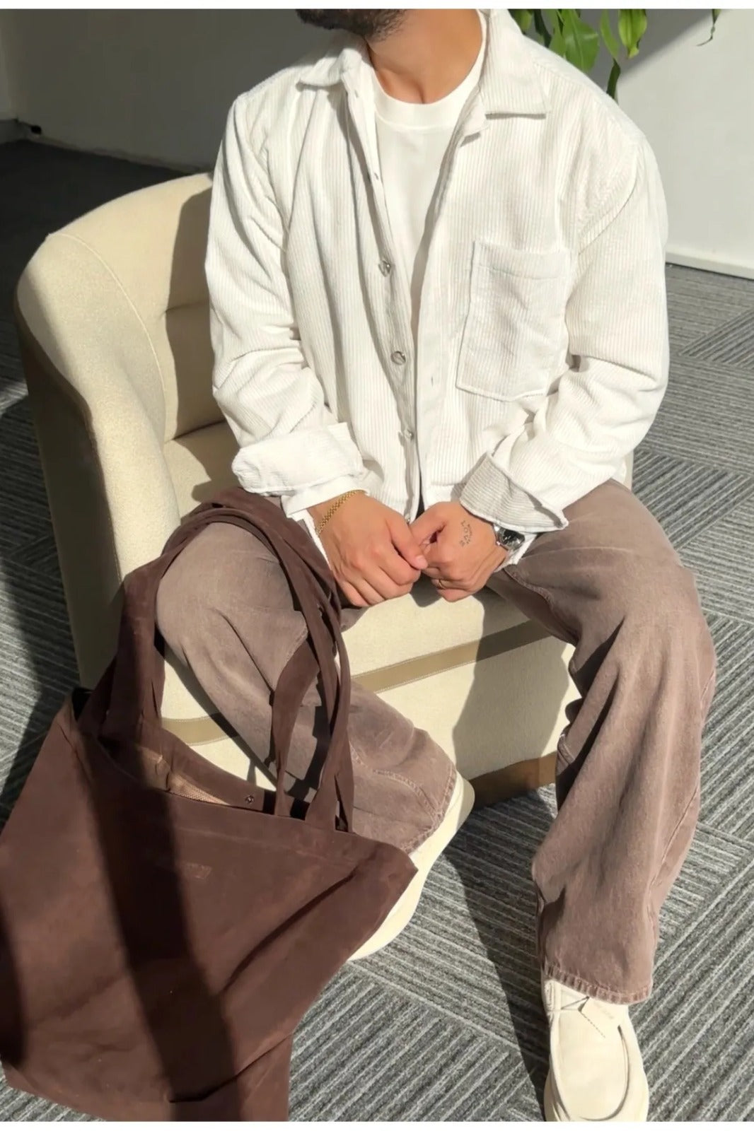 Plain Corduroy Shirt for Men Off-White Color
