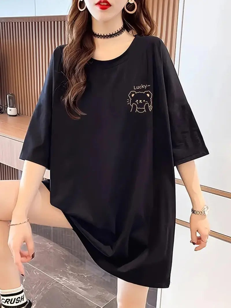 Lucky Graphic Printed Oversized Printed Women's T-Shirt Black Color