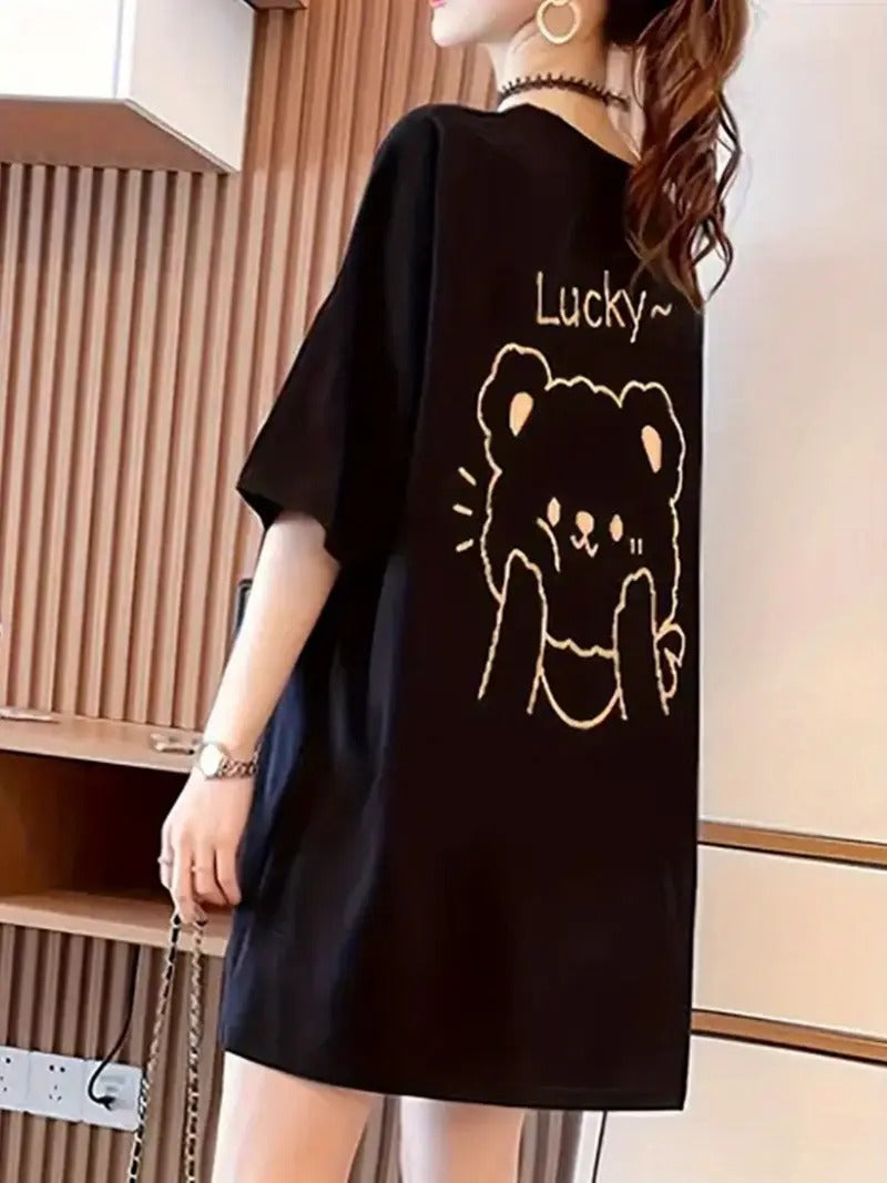 Lucky Graphic Printed Oversized Printed Women's T-Shirt Black Color