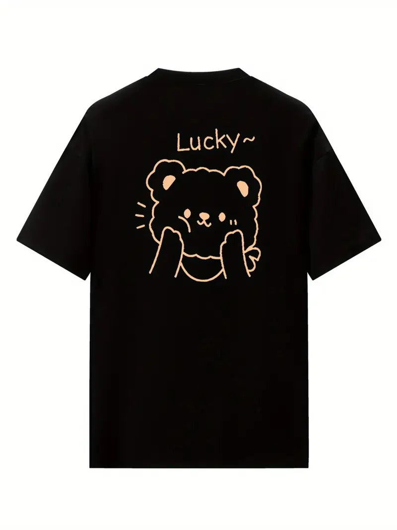 Lucky Graphic Printed Oversized Printed Women's T-Shirt Black Color