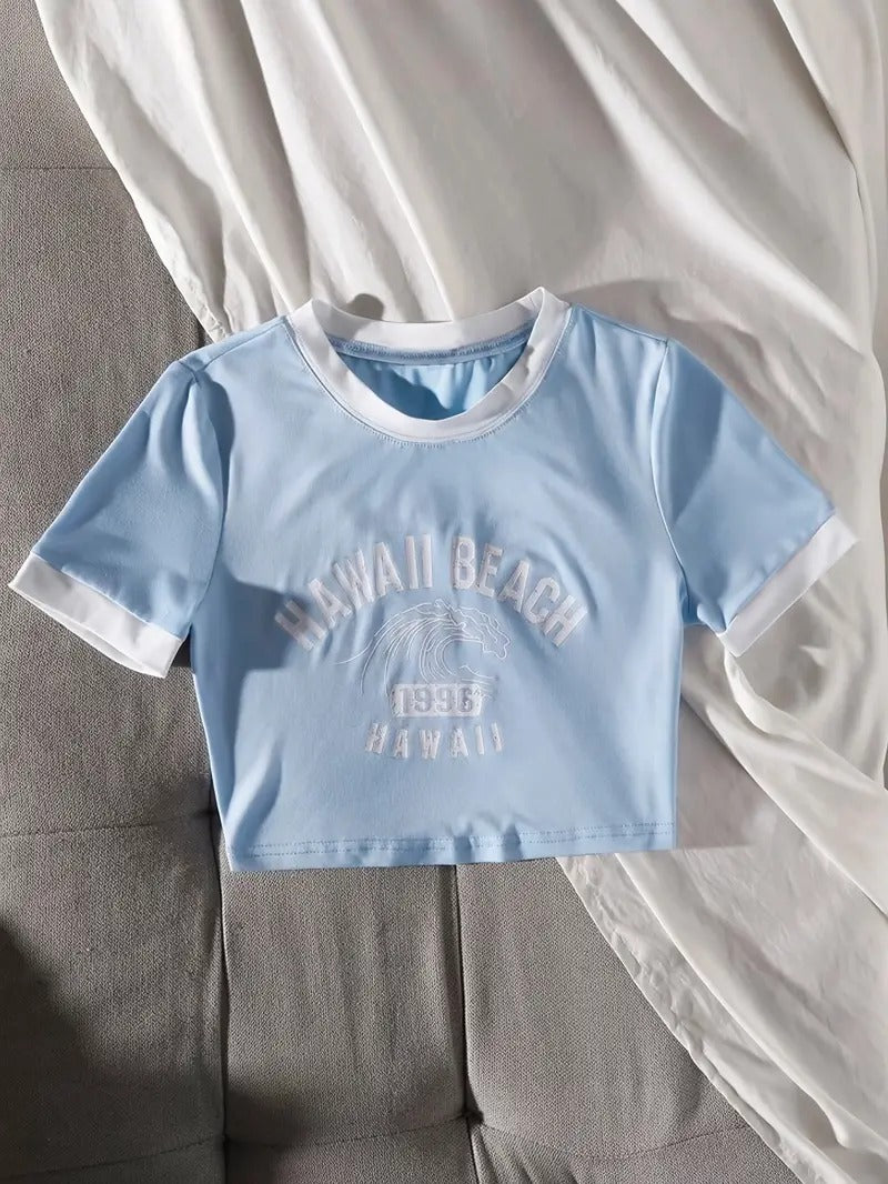 HAWAII Beach Printed Women's Crop Top Baby Blue Color
