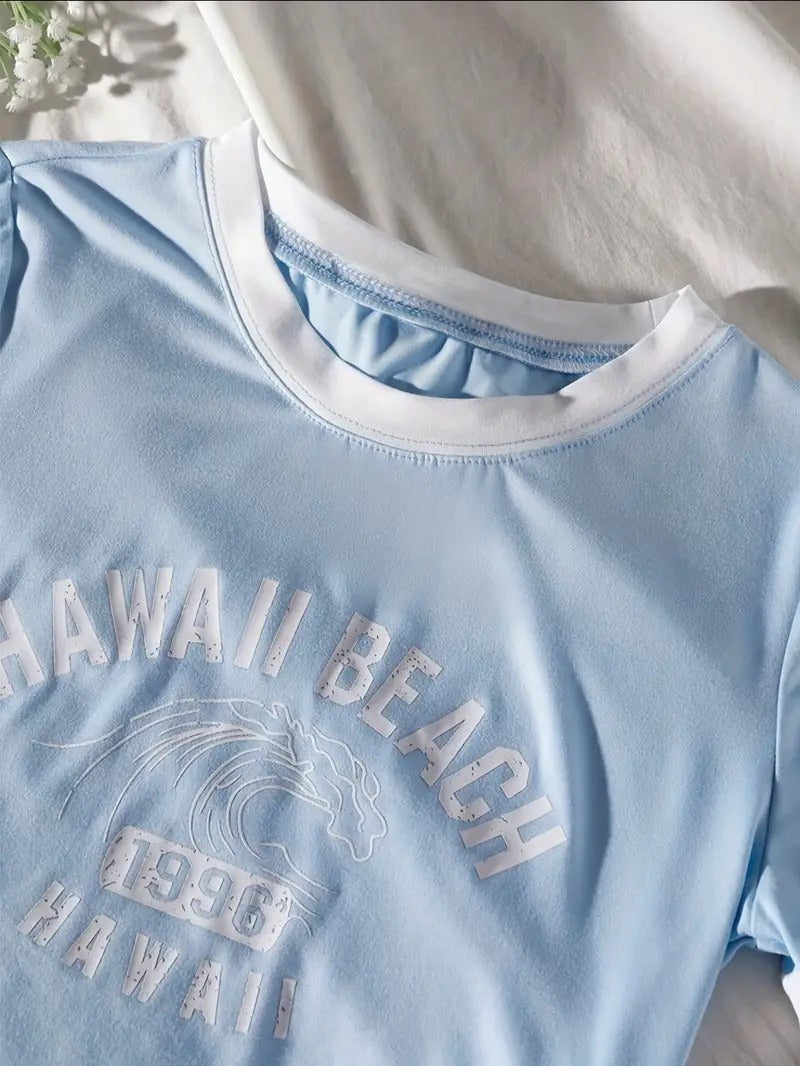 HAWAII Beach Printed Women's Crop Top Baby Blue Color