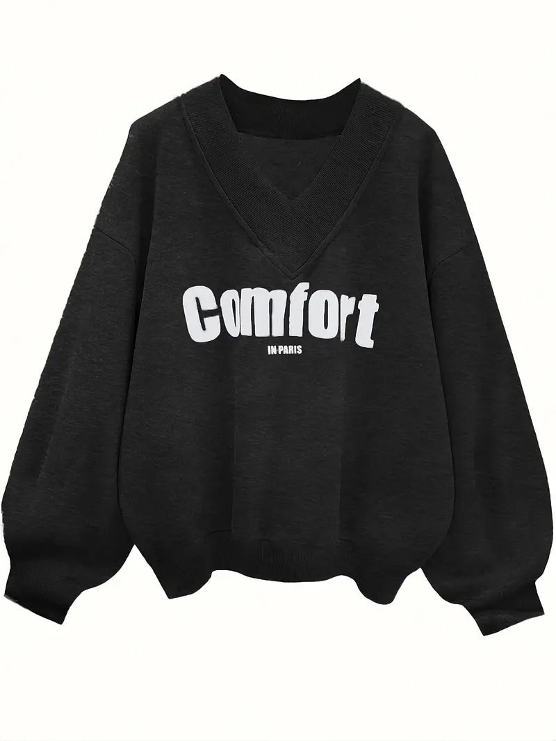 Comfort Text Printed Black Oversized Women's Sweatshirt
