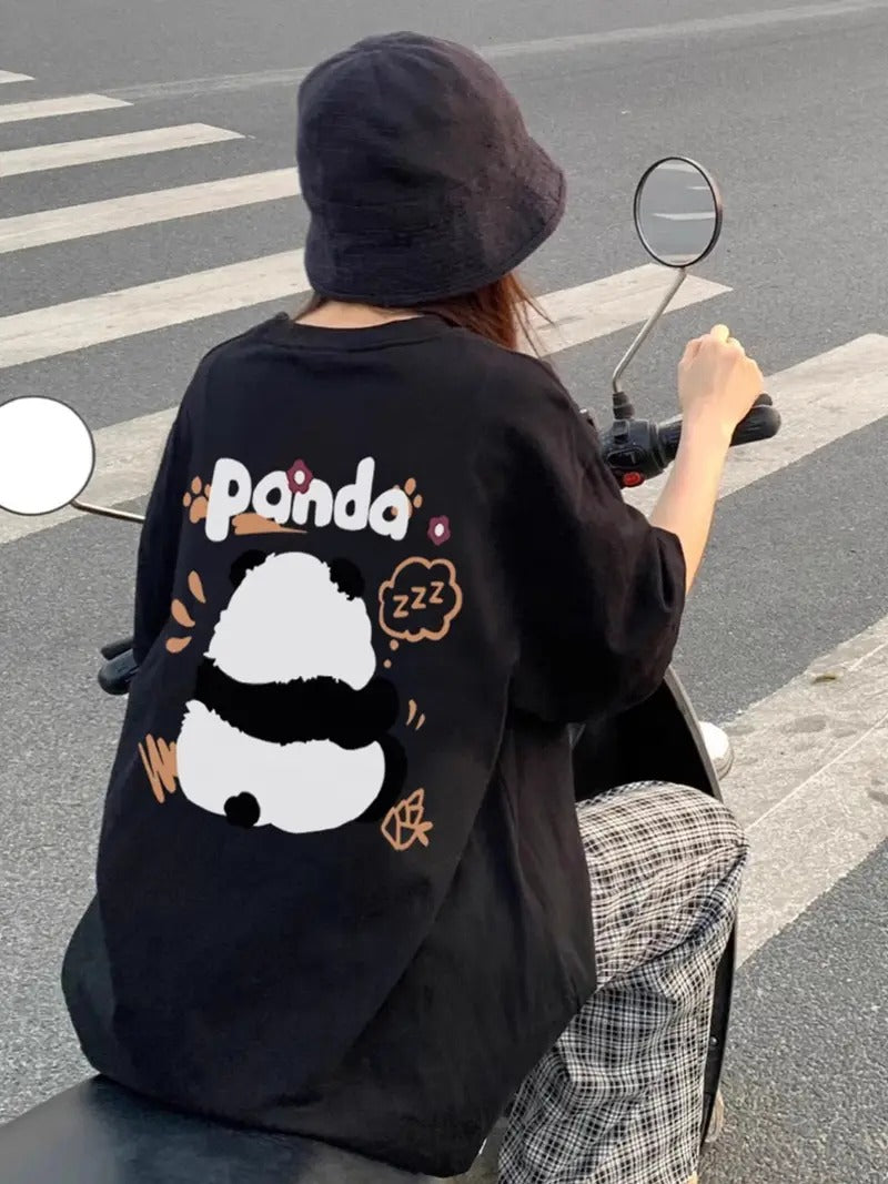 Panda Graphic Oversized Printed Women's T-Shirt Black Color, Unisex