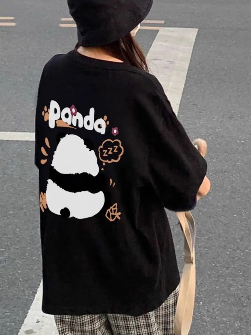 Panda Graphic Oversized Printed Women's T-Shirt Black Color, Unisex