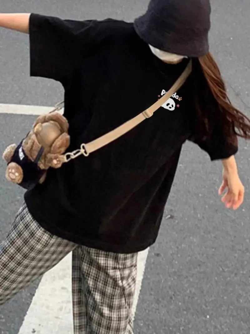 Panda Graphic Oversized Printed Women's T-Shirt Black Color, Unisex