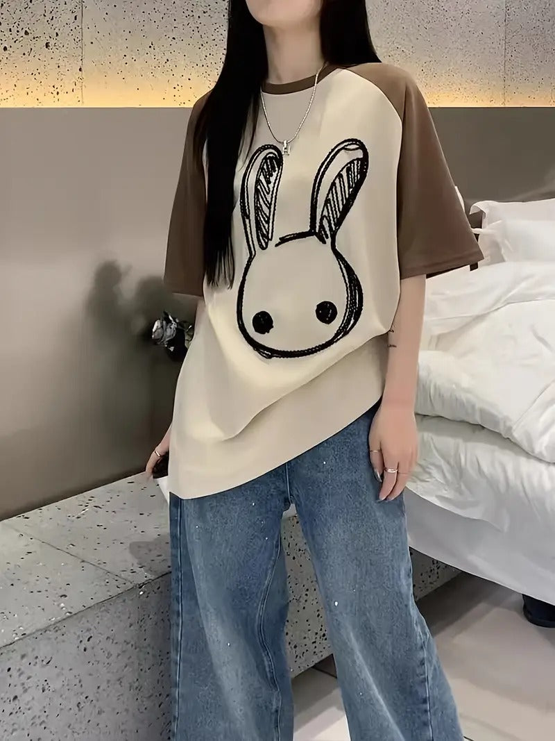 Rabbits Graphic Oversized Printed Women's T-Shirt Black Color, Raglan Sleeves