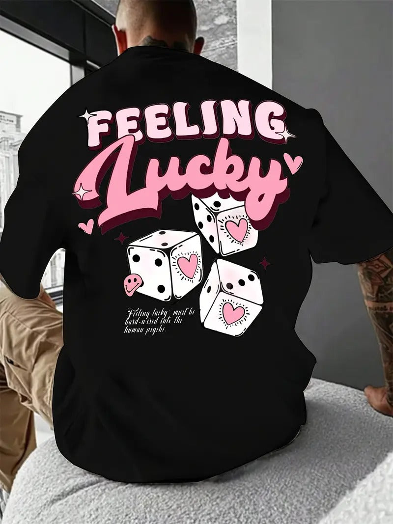 Feeling Lucky Graphic Loose-Fitting Black Oversized Printed T-Shirt for Men & Unisex, Back Print