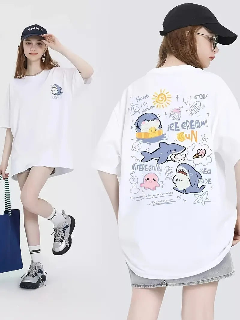 Beach Day Graphic Oversized Printed Women's T-Shirt White Color