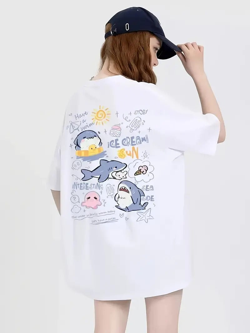 Beach Day Graphic Oversized Printed Women's T-Shirt White Color
