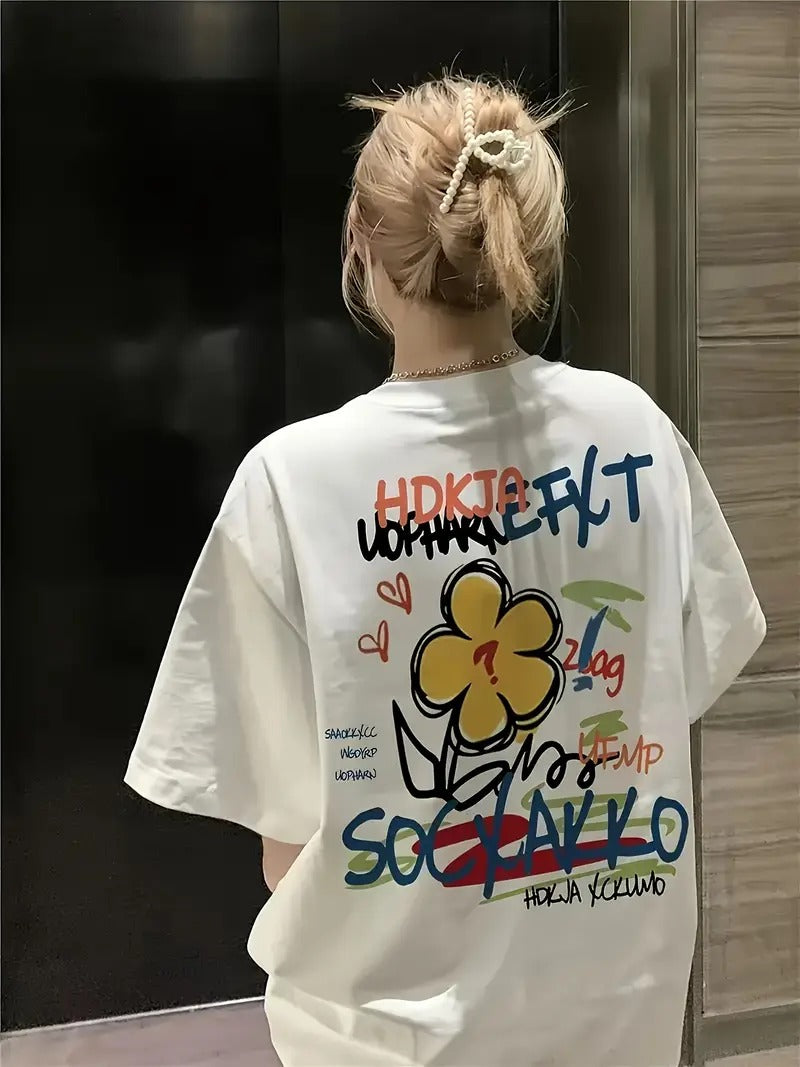 Beach Life Graphic Oversized Printed Women's T-Shirt White Color, Back Print
