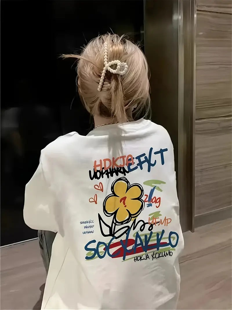 Beach Life Graphic Oversized Printed Women's T-Shirt White Color, Back Print
