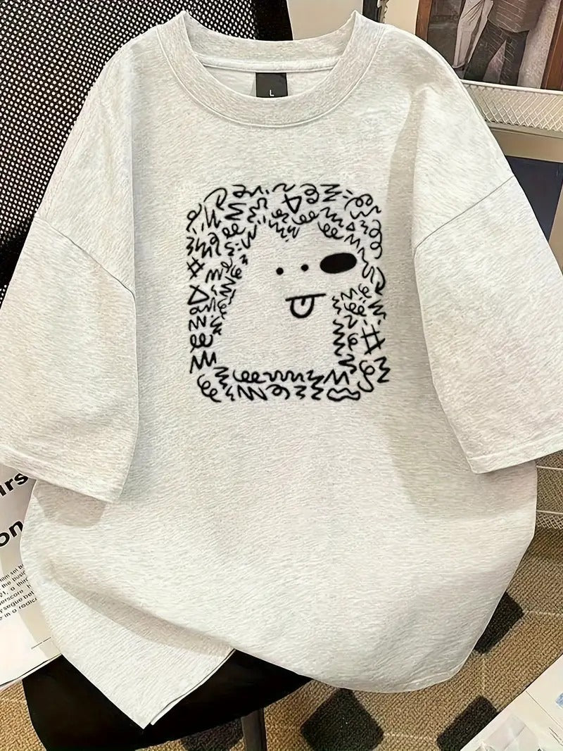 Cute Graphic Oversized Printed Women's T-Shirt Grey Melange Color