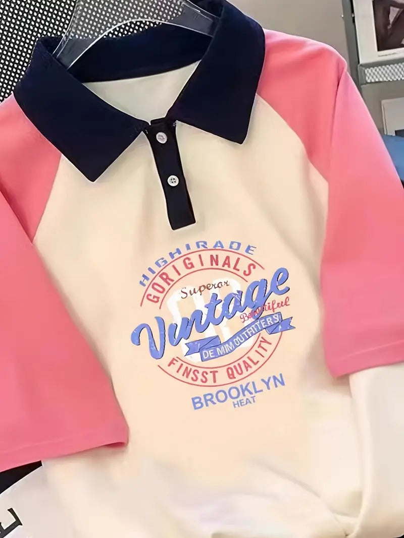 Vintage Graphic Oversized Printed Women's T-Shirt Polo Raglan Sleeves Crop Tee