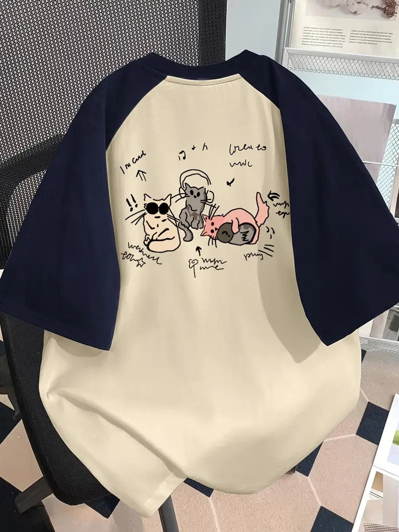 Cats Music Graphic Oversized Printed Women's T-Shirt Off-White & Black Color, Raglan Sleeves