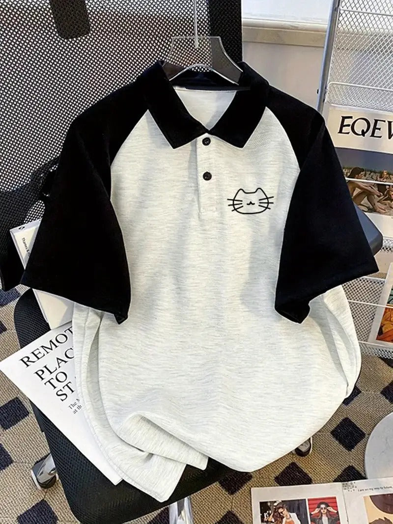 Cat Face Graphic Oversized Printed Women's T-Shirt Polo Raglan Sleeves Crop Tee