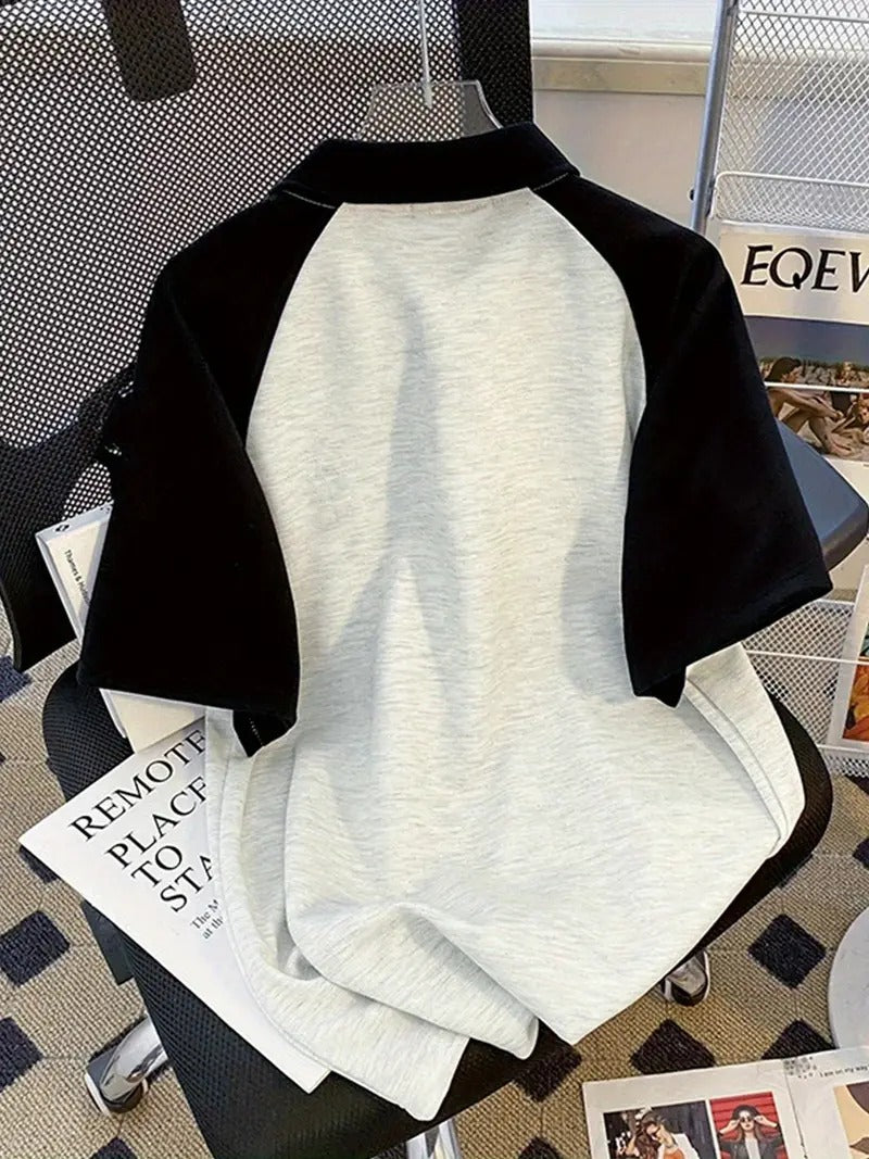 Cat Face Graphic Oversized Printed Women's T-Shirt Polo Raglan Sleeves Crop Tee