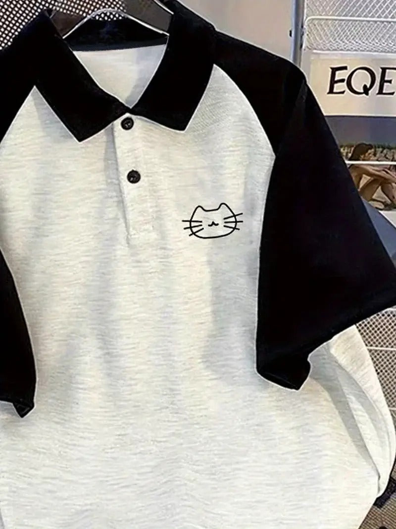 Cat Face Graphic Oversized Printed Women's T-Shirt Polo Raglan Sleeves Crop Tee
