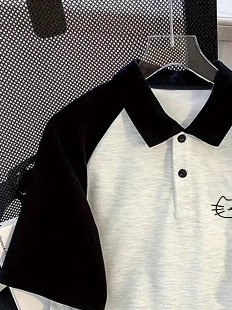 Cat Face Graphic Oversized Printed Women's T-Shirt Polo Raglan Sleeves Crop Tee