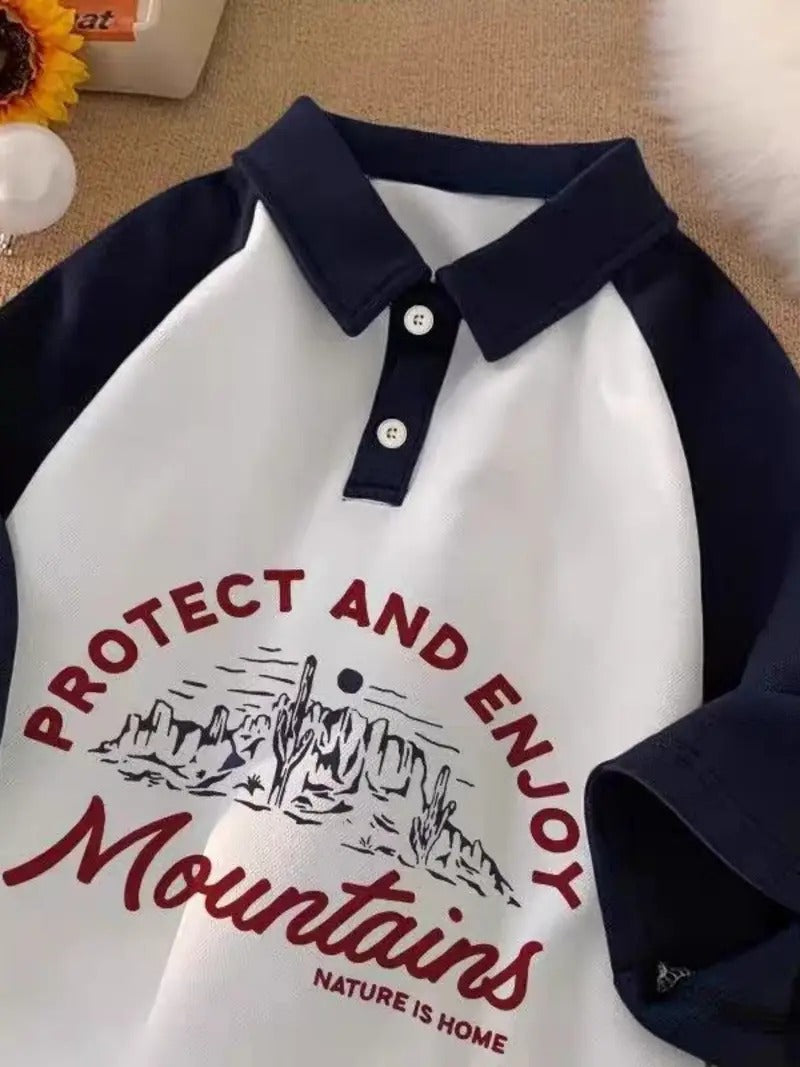 Protect & Enjoy Retro Collar Oversized Printed Women's T-Shirt Polo Raglan Sleeves Crop Tee