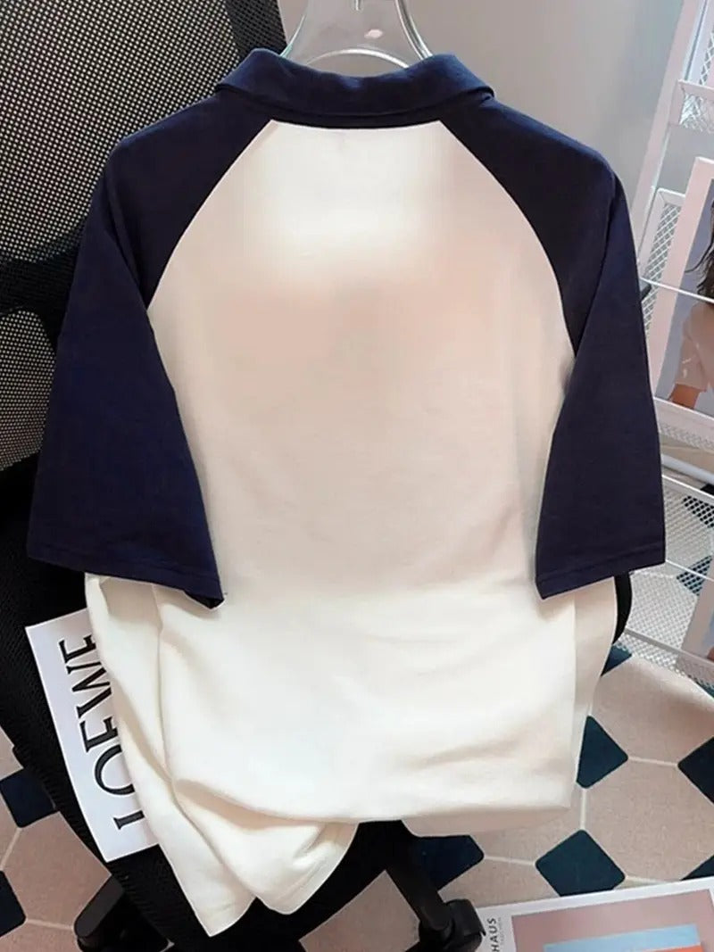 Protect & Enjoy Retro Collar Oversized Printed Women's T-Shirt Polo Raglan Sleeves Crop Tee