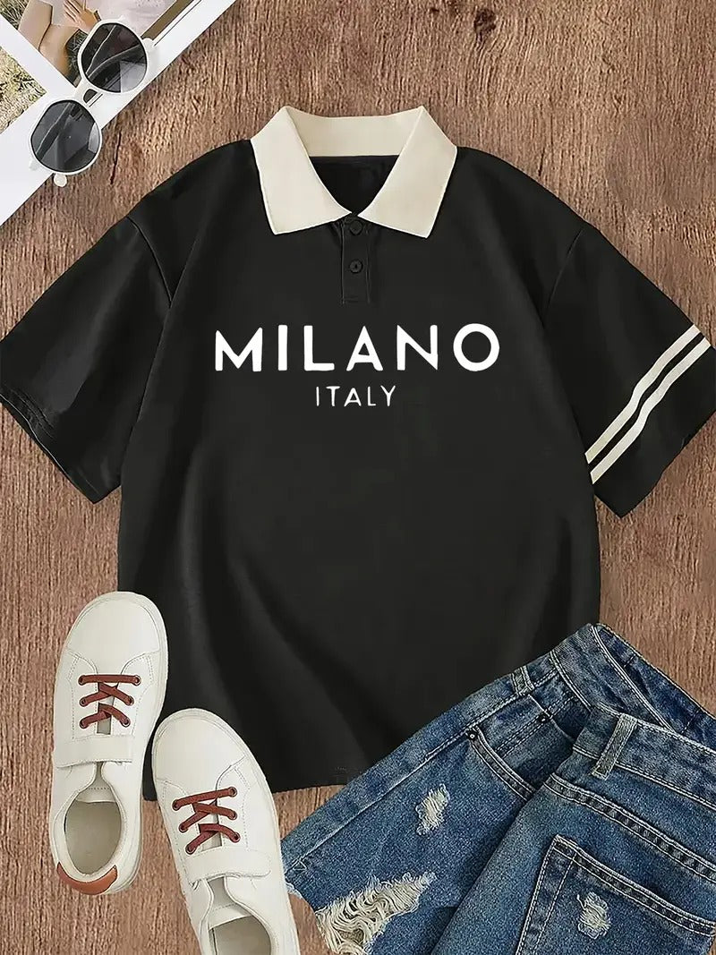 Milano Italy Oversized Printed Women's T-Shirt Polo Raglan Sleeves Crop Tee