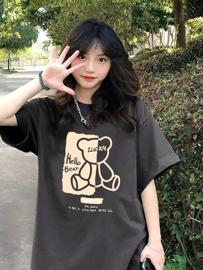 Hello Bear Graphic Oversized Printed Women's T-Shirt Black Color, Unisex