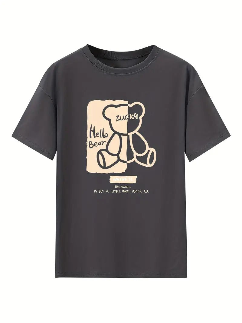 Hello Bear Graphic Oversized Printed Women's T-Shirt Black Color, Unisex