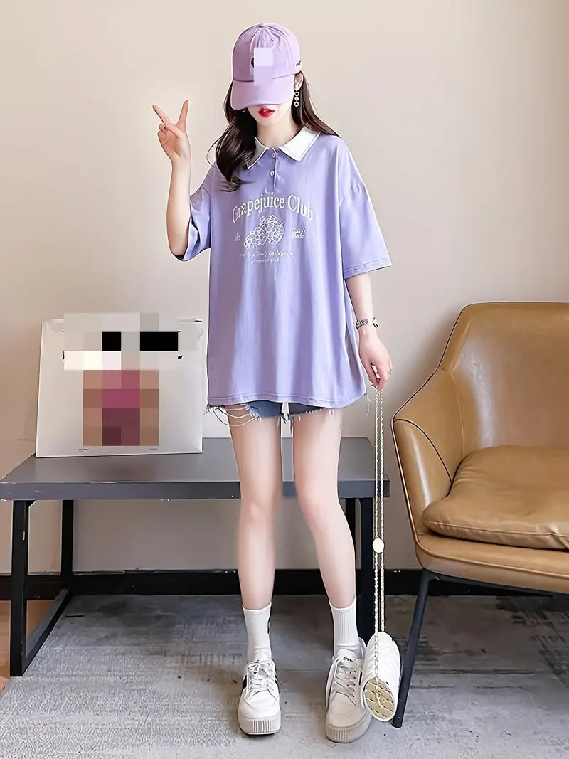 Graphic Oversized Printed Women's T-Shirt Polo Tee Lavender Color