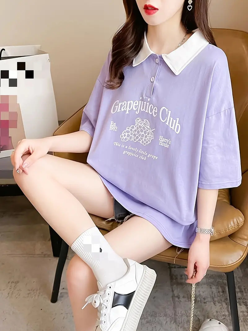 Graphic Oversized Printed Women's T-Shirt Polo Tee Lavender Color